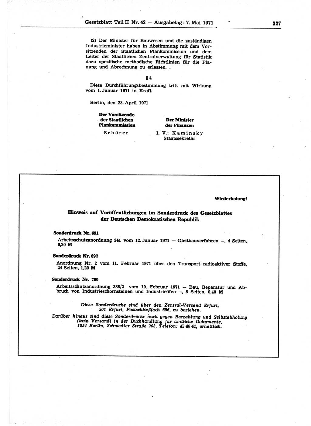 Gesetzblatt (GBl.) der Deutschen Demokratischen Republik (DDR) Teil ⅠⅠ 1971, Seite 327 (GBl. DDR ⅠⅠ 1971, S. 327)