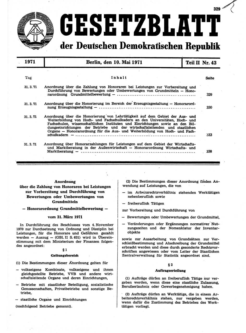 Gesetzblatt (GBl.) der Deutschen Demokratischen Republik (DDR) Teil ⅠⅠ 1971, Seite 329 (GBl. DDR ⅠⅠ 1971, S. 329)