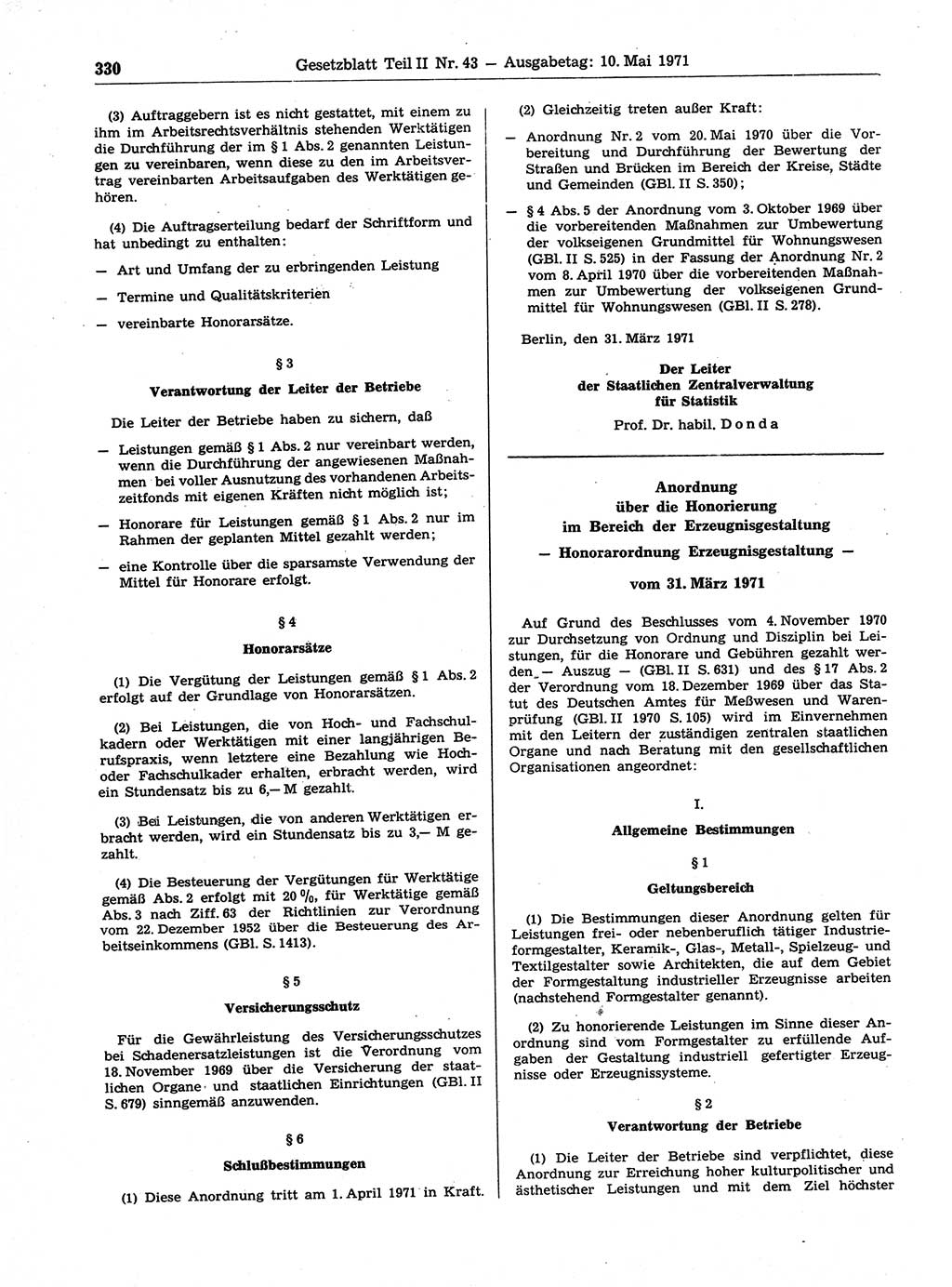 Gesetzblatt (GBl.) der Deutschen Demokratischen Republik (DDR) Teil ⅠⅠ 1971, Seite 330 (GBl. DDR ⅠⅠ 1971, S. 330)
