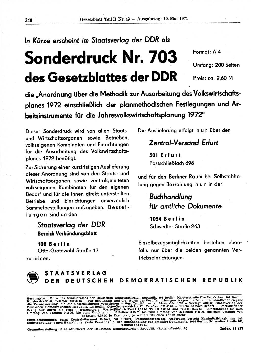 Gesetzblatt (GBl.) der Deutschen Demokratischen Republik (DDR) Teil ⅠⅠ 1971, Seite 340 (GBl. DDR ⅠⅠ 1971, S. 340)