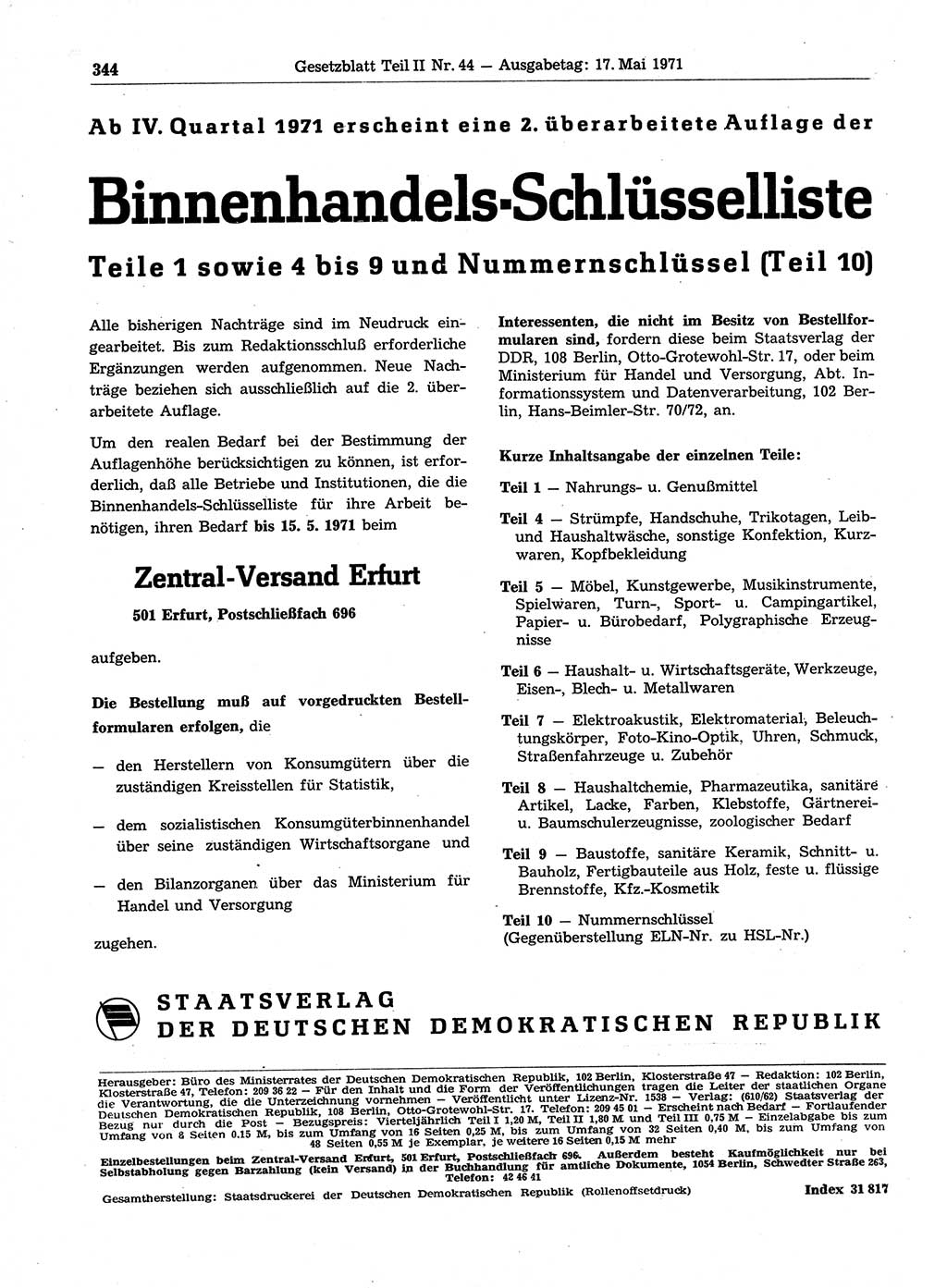 Gesetzblatt (GBl.) der Deutschen Demokratischen Republik (DDR) Teil ⅠⅠ 1971, Seite 344 (GBl. DDR ⅠⅠ 1971, S. 344)