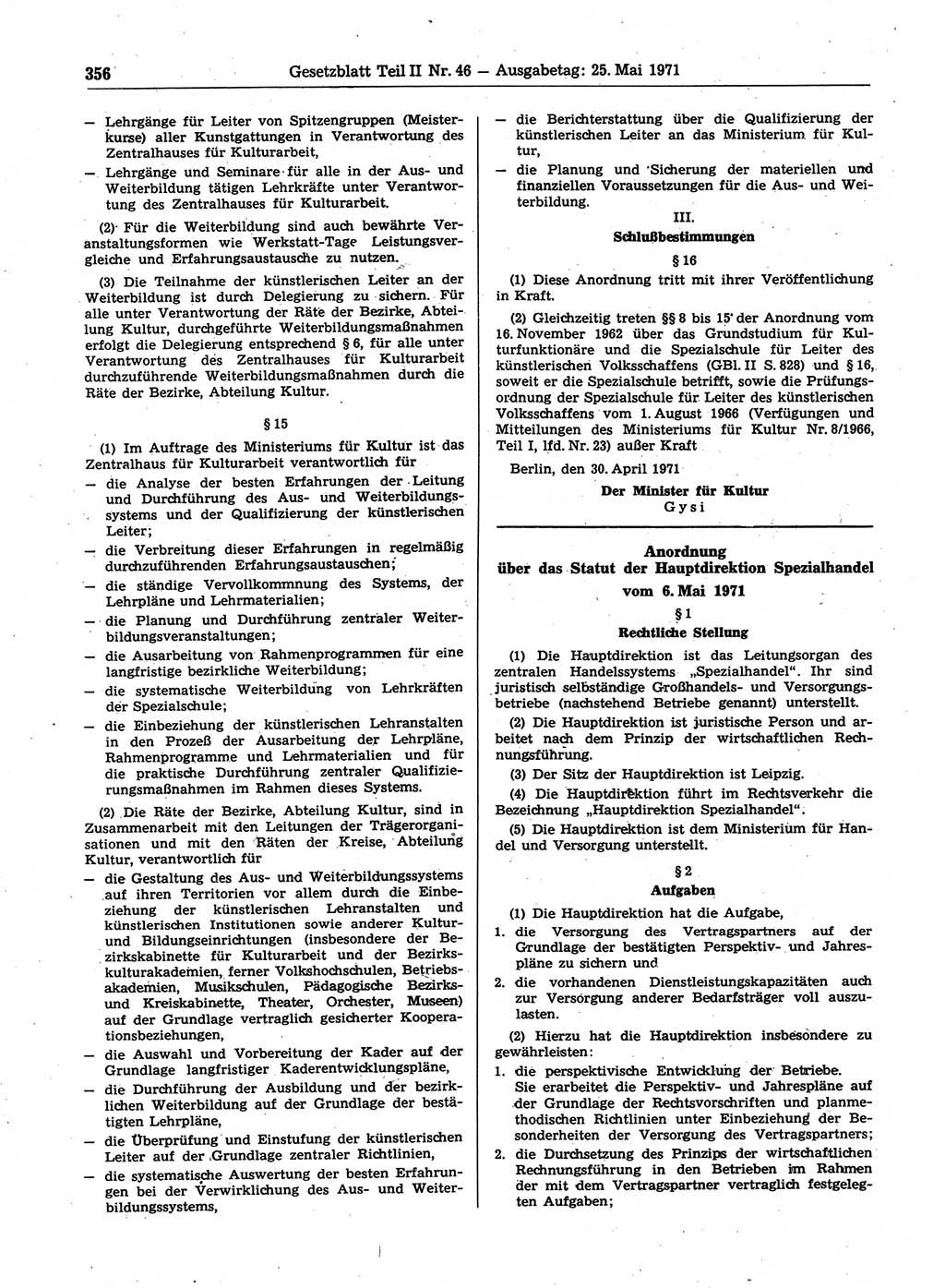 Gesetzblatt (GBl.) der Deutschen Demokratischen Republik (DDR) Teil ⅠⅠ 1971, Seite 356 (GBl. DDR ⅠⅠ 1971, S. 356)