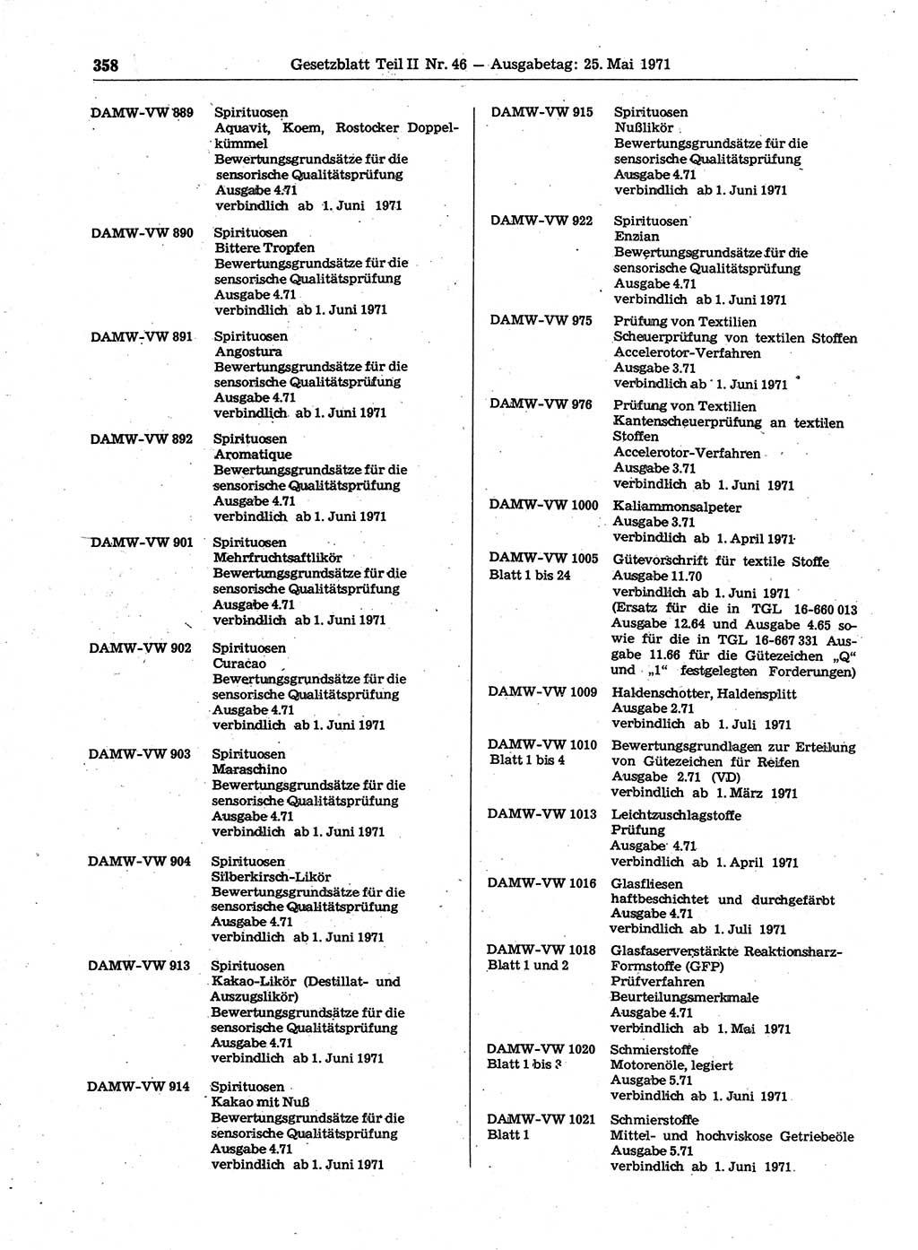 Gesetzblatt (GBl.) der Deutschen Demokratischen Republik (DDR) Teil ⅠⅠ 1971, Seite 358 (GBl. DDR ⅠⅠ 1971, S. 358)