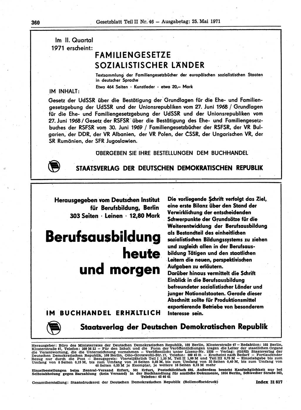 Gesetzblatt (GBl.) der Deutschen Demokratischen Republik (DDR) Teil ⅠⅠ 1971, Seite 360 (GBl. DDR ⅠⅠ 1971, S. 360)