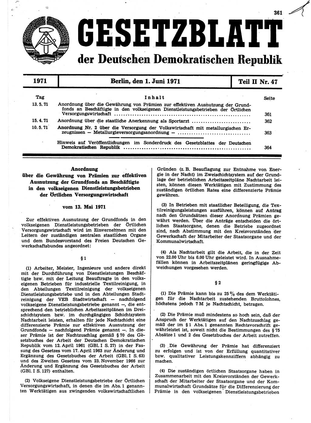 Gesetzblatt (GBl.) der Deutschen Demokratischen Republik (DDR) Teil ⅠⅠ 1971, Seite 361 (GBl. DDR ⅠⅠ 1971, S. 361)