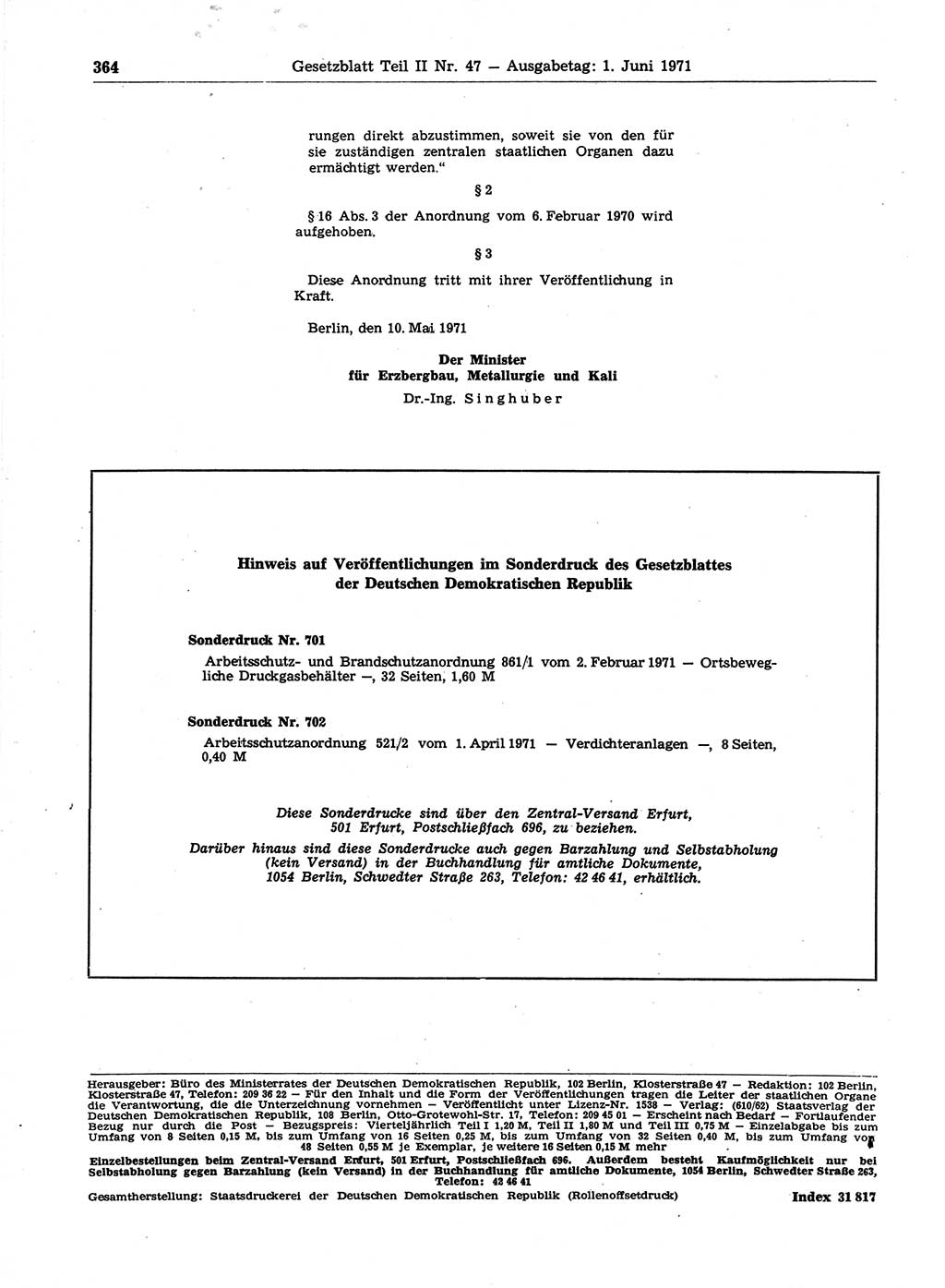 Gesetzblatt (GBl.) der Deutschen Demokratischen Republik (DDR) Teil ⅠⅠ 1971, Seite 364 (GBl. DDR ⅠⅠ 1971, S. 364)