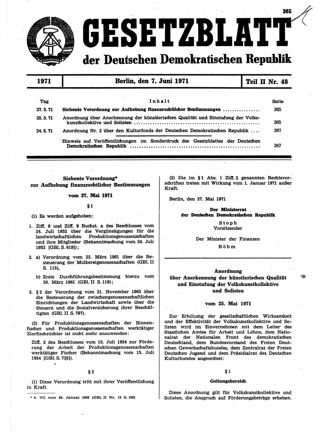 Gesetzblatt (GBl.) der Deutschen Demokratischen Republik (DDR) Teil ⅠⅠ 1971, Seite 365 (GBl. DDR ⅠⅠ 1971, S. 365)