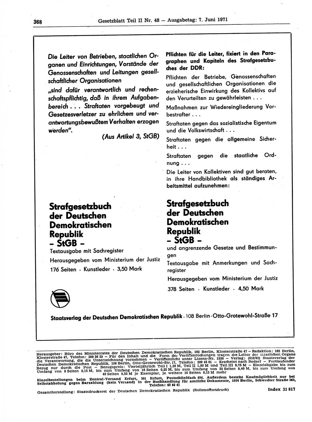 Gesetzblatt (GBl.) der Deutschen Demokratischen Republik (DDR) Teil ⅠⅠ 1971, Seite 368 (GBl. DDR ⅠⅠ 1971, S. 368)