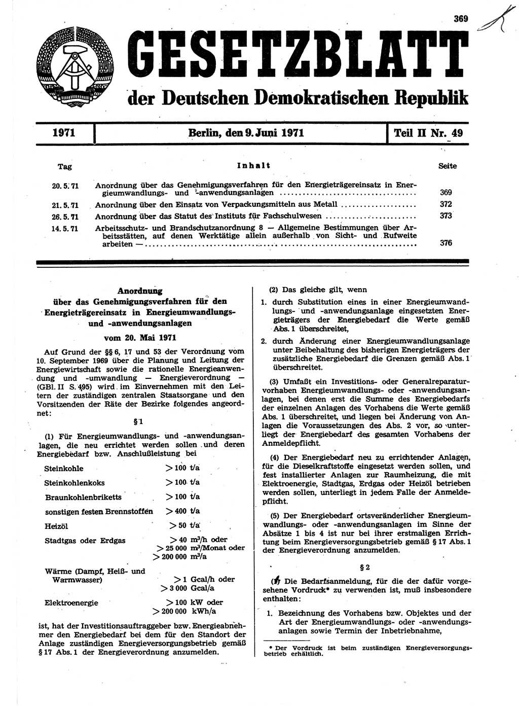 Gesetzblatt (GBl.) der Deutschen Demokratischen Republik (DDR) Teil ⅠⅠ 1971, Seite 369 (GBl. DDR ⅠⅠ 1971, S. 369)