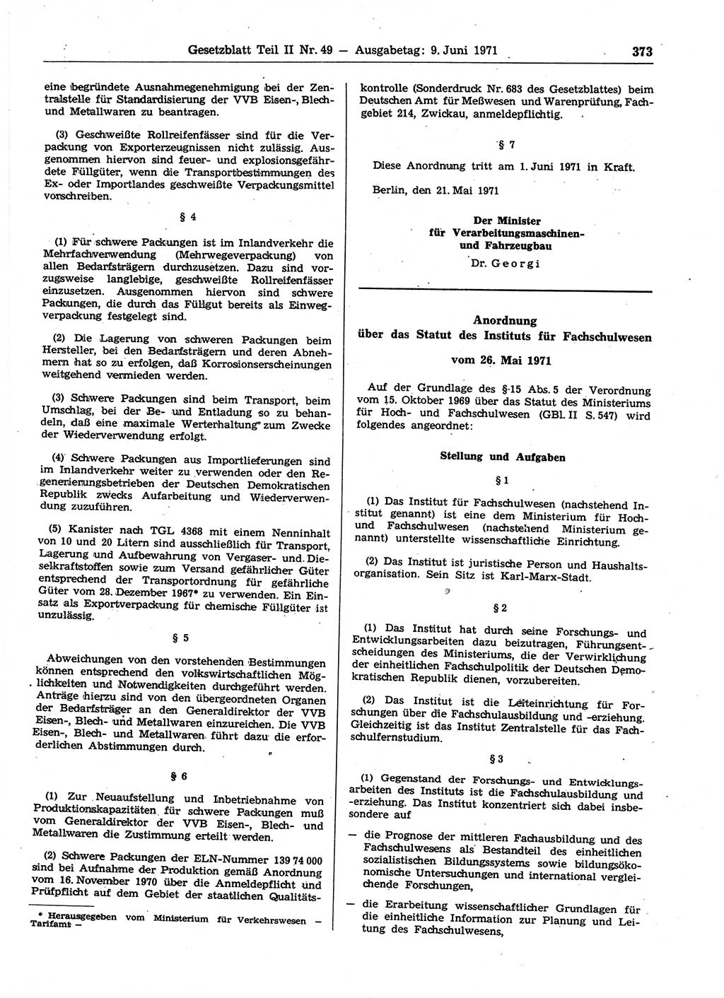Gesetzblatt (GBl.) der Deutschen Demokratischen Republik (DDR) Teil ⅠⅠ 1971, Seite 373 (GBl. DDR ⅠⅠ 1971, S. 373)