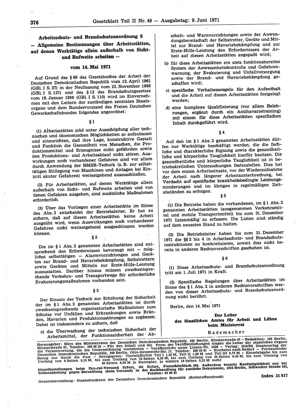 Gesetzblatt (GBl.) der Deutschen Demokratischen Republik (DDR) Teil ⅠⅠ 1971, Seite 376 (GBl. DDR ⅠⅠ 1971, S. 376)