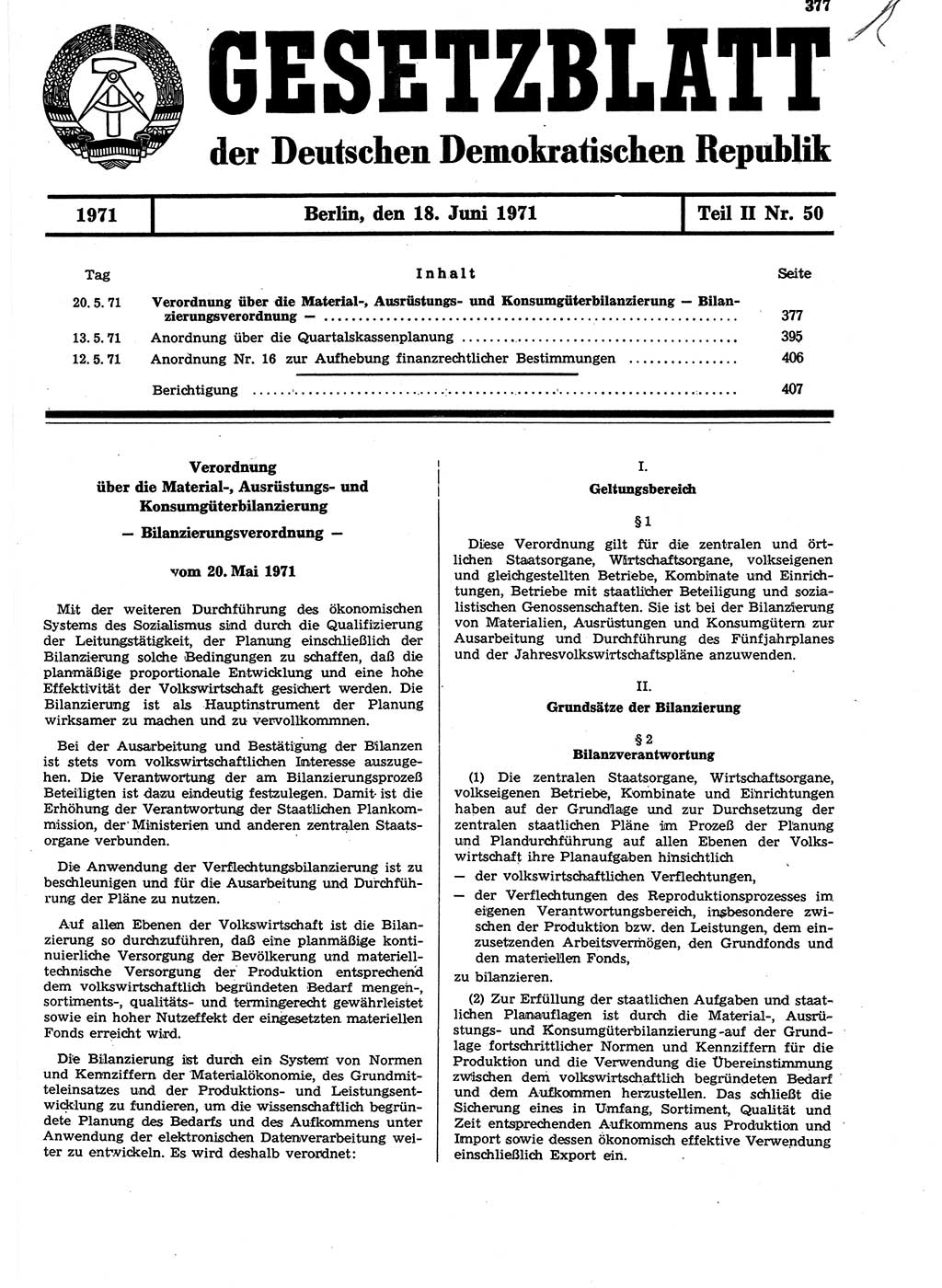 Gesetzblatt (GBl.) der Deutschen Demokratischen Republik (DDR) Teil ⅠⅠ 1971, Seite 377 (GBl. DDR ⅠⅠ 1971, S. 377)
