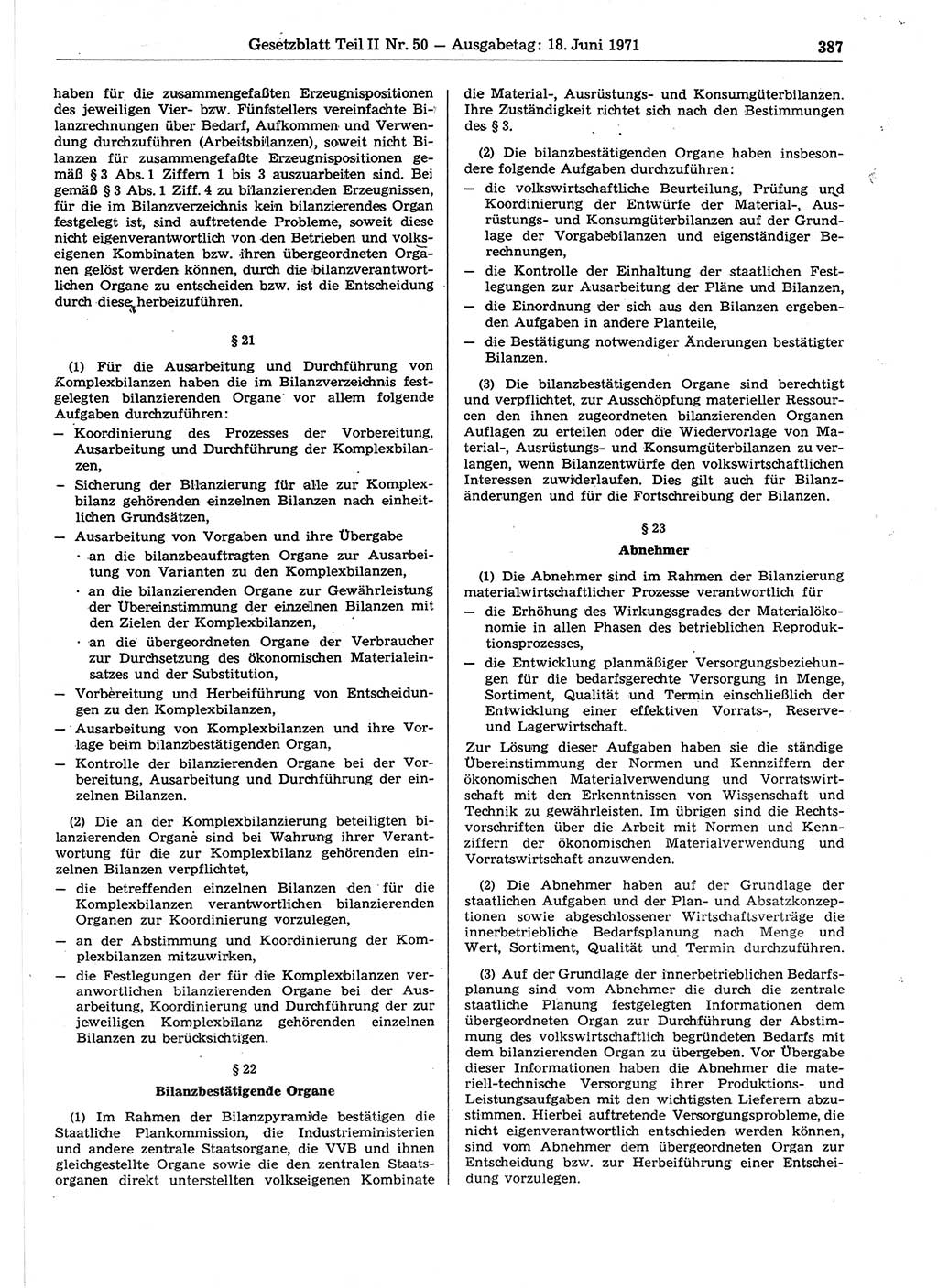 Gesetzblatt (GBl.) der Deutschen Demokratischen Republik (DDR) Teil ⅠⅠ 1971, Seite 387 (GBl. DDR ⅠⅠ 1971, S. 387)