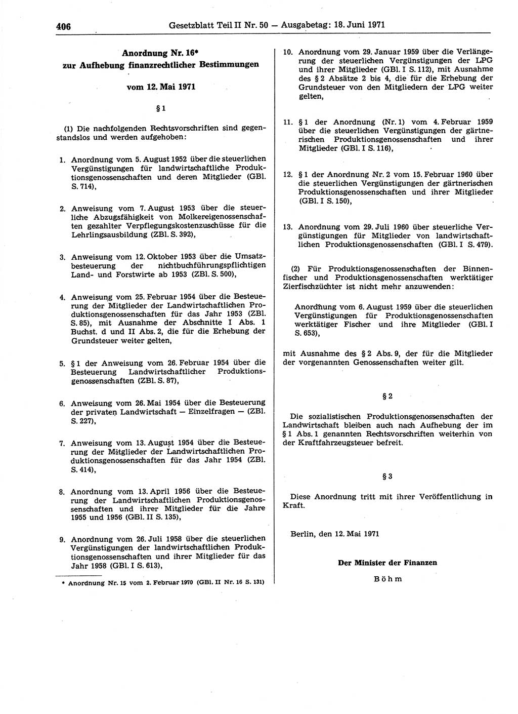 Gesetzblatt (GBl.) der Deutschen Demokratischen Republik (DDR) Teil ⅠⅠ 1971, Seite 406 (GBl. DDR ⅠⅠ 1971, S. 406)