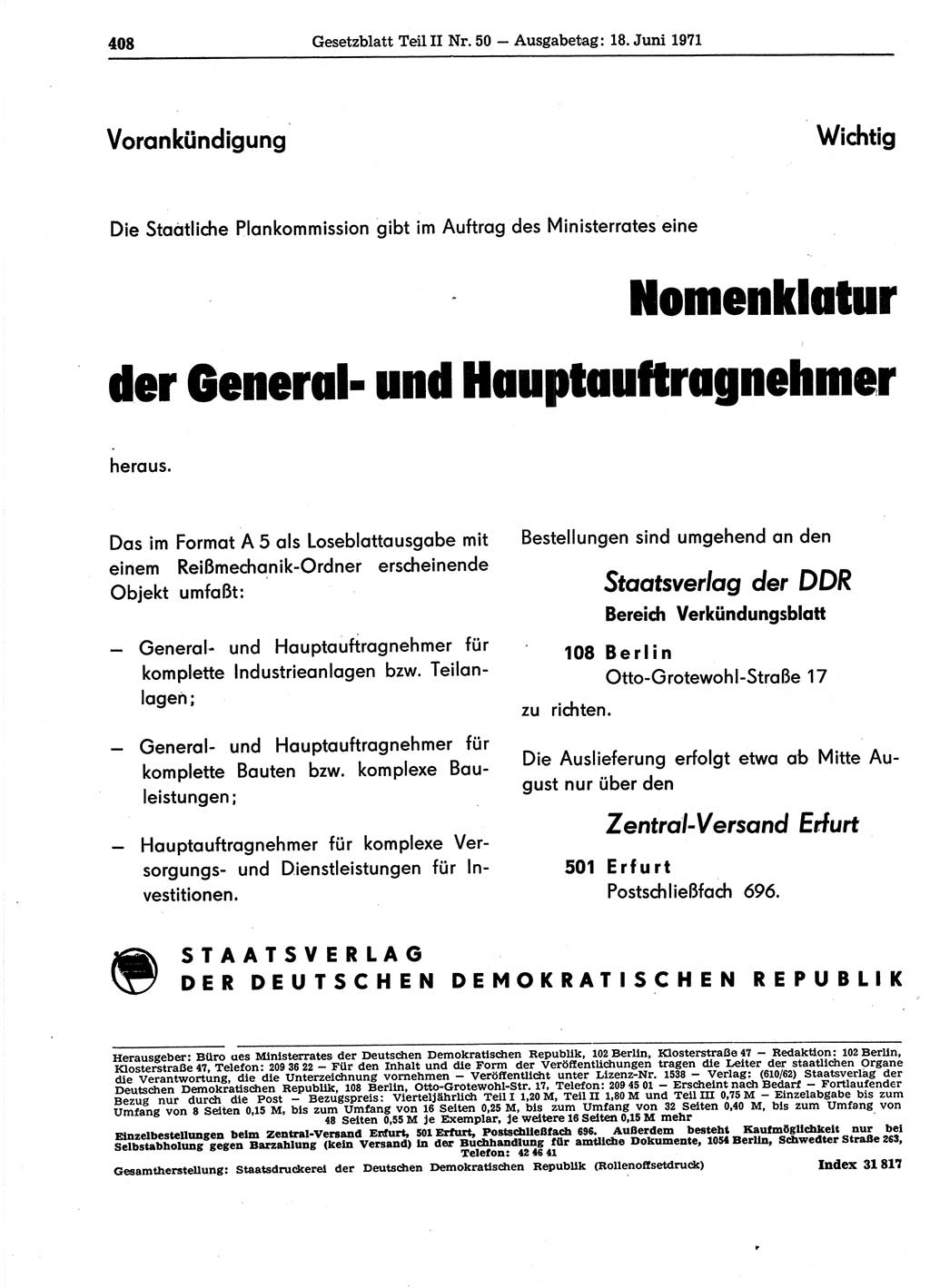 Gesetzblatt (GBl.) der Deutschen Demokratischen Republik (DDR) Teil ⅠⅠ 1971, Seite 408 (GBl. DDR ⅠⅠ 1971, S. 408)