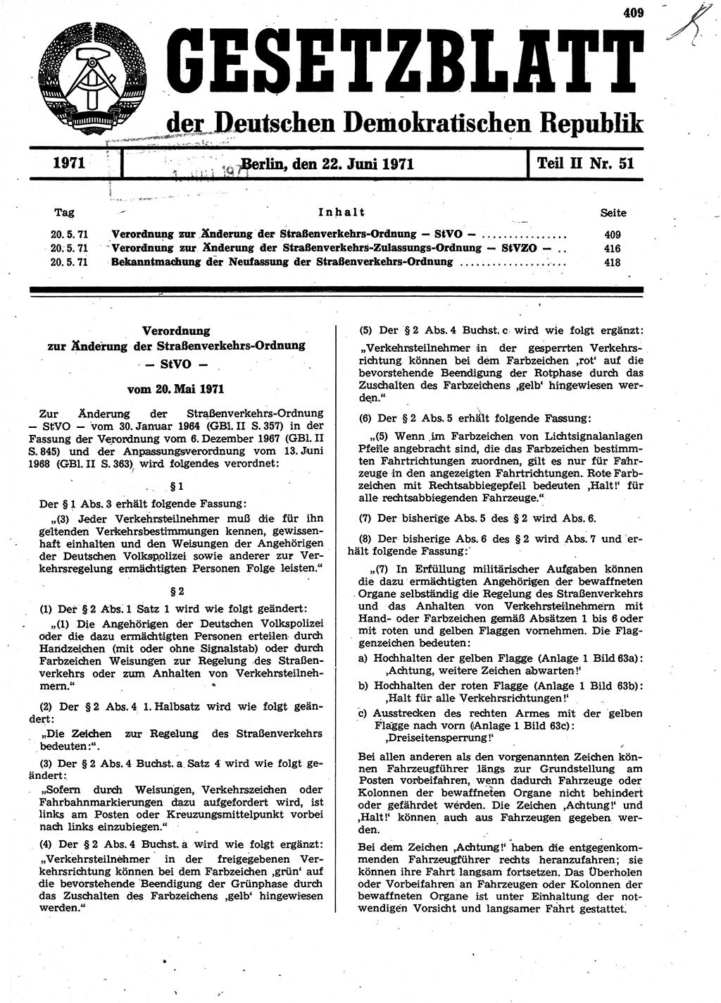 Gesetzblatt (GBl.) der Deutschen Demokratischen Republik (DDR) Teil ⅠⅠ 1971, Seite 409 (GBl. DDR ⅠⅠ 1971, S. 409)