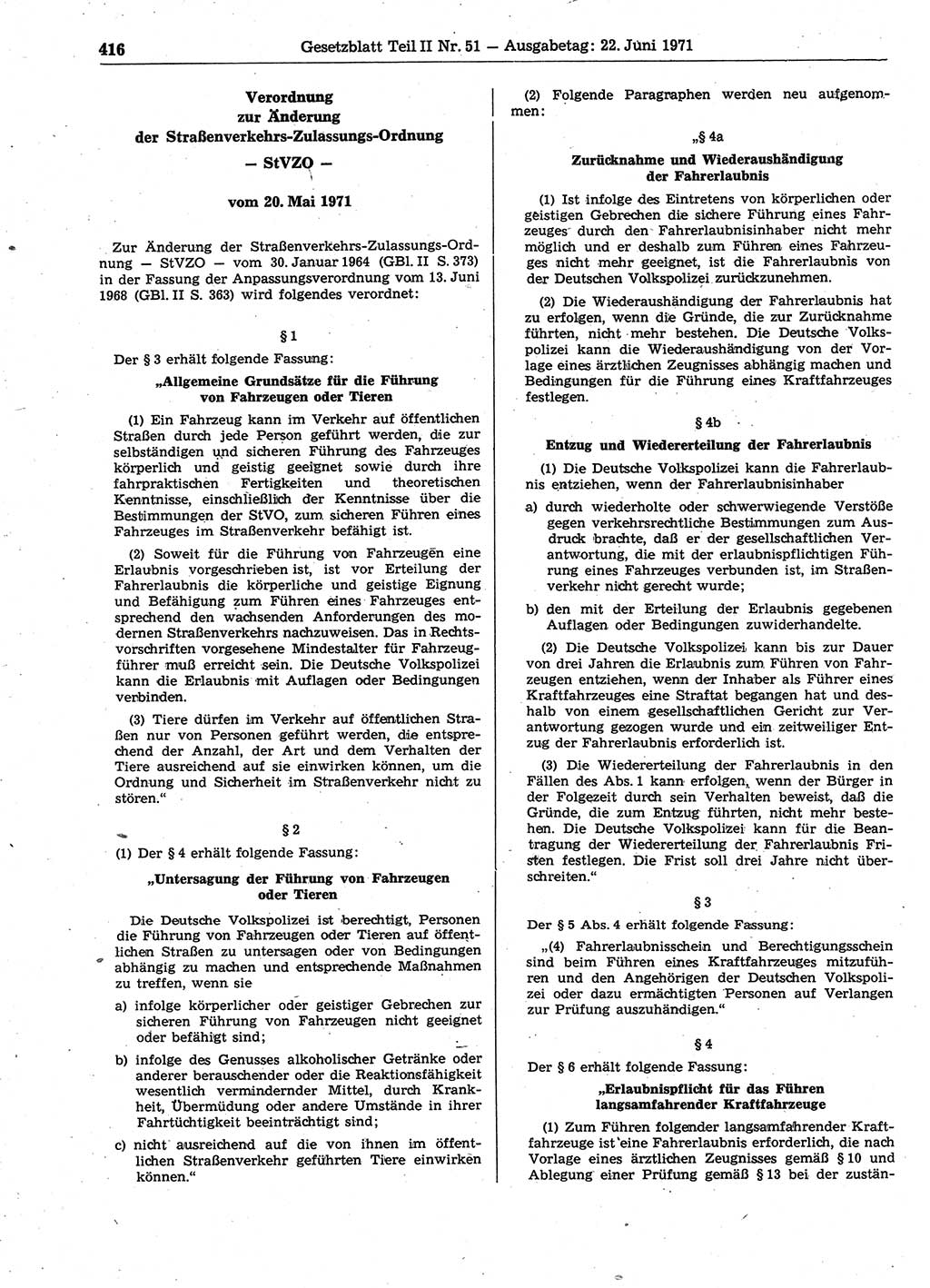 Gesetzblatt (GBl.) der Deutschen Demokratischen Republik (DDR) Teil ⅠⅠ 1971, Seite 416 (GBl. DDR ⅠⅠ 1971, S. 416)