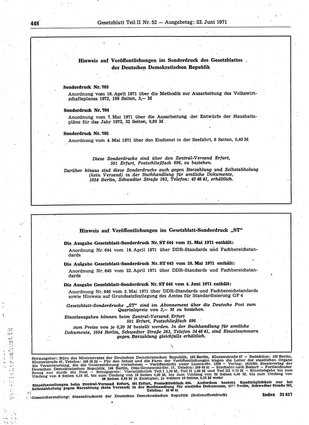 Gesetzblatt (GBl.) der Deutschen Demokratischen Republik (DDR) Teil ⅠⅠ 1971, Seite 448 (GBl. DDR ⅠⅠ 1971, S. 448)