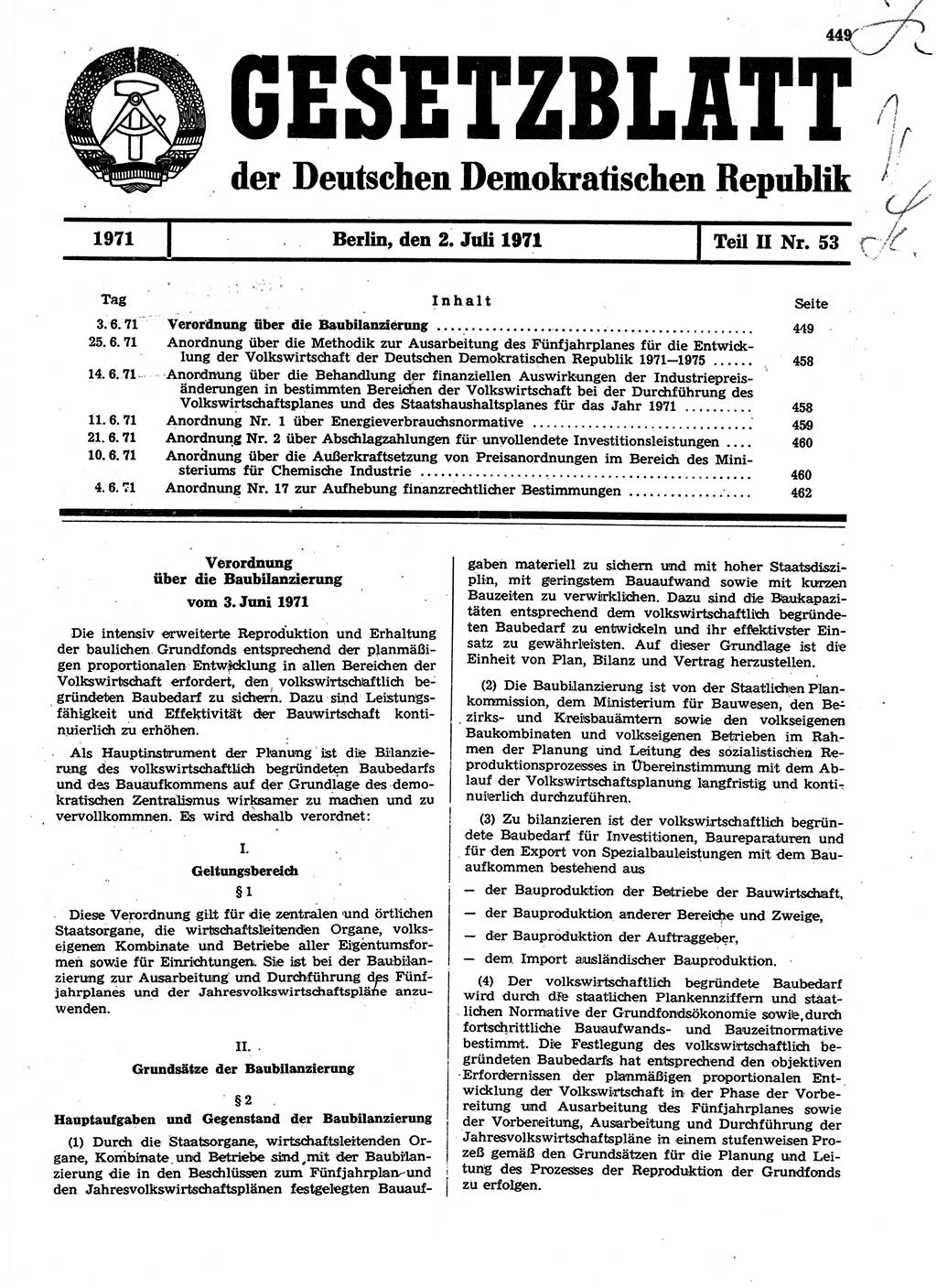 Gesetzblatt (GBl.) der Deutschen Demokratischen Republik (DDR) Teil ⅠⅠ 1971, Seite 449 (GBl. DDR ⅠⅠ 1971, S. 449)
