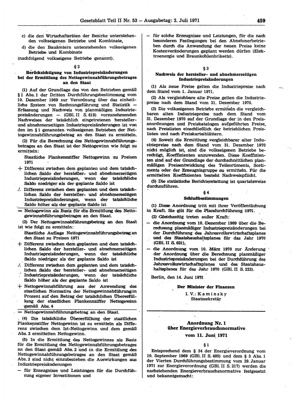 Gesetzblatt (GBl.) der Deutschen Demokratischen Republik (DDR) Teil ⅠⅠ 1971, Seite 459 (GBl. DDR ⅠⅠ 1971, S. 459)