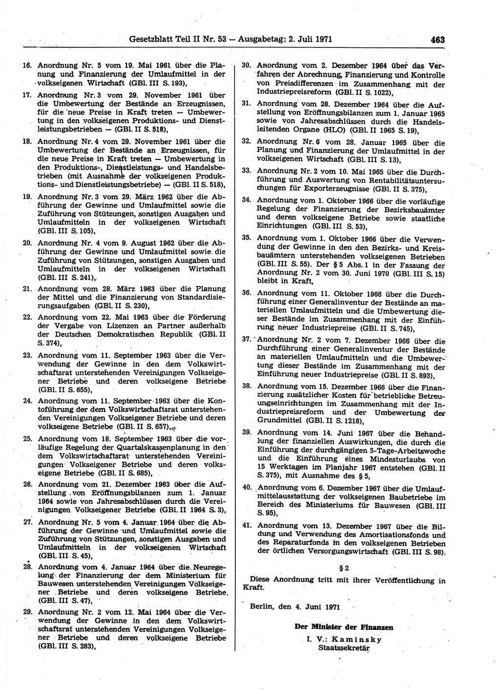 Gesetzblatt (GBl.) der Deutschen Demokratischen Republik (DDR) Teil ⅠⅠ 1971, Seite 463 (GBl. DDR ⅠⅠ 1971, S. 463)