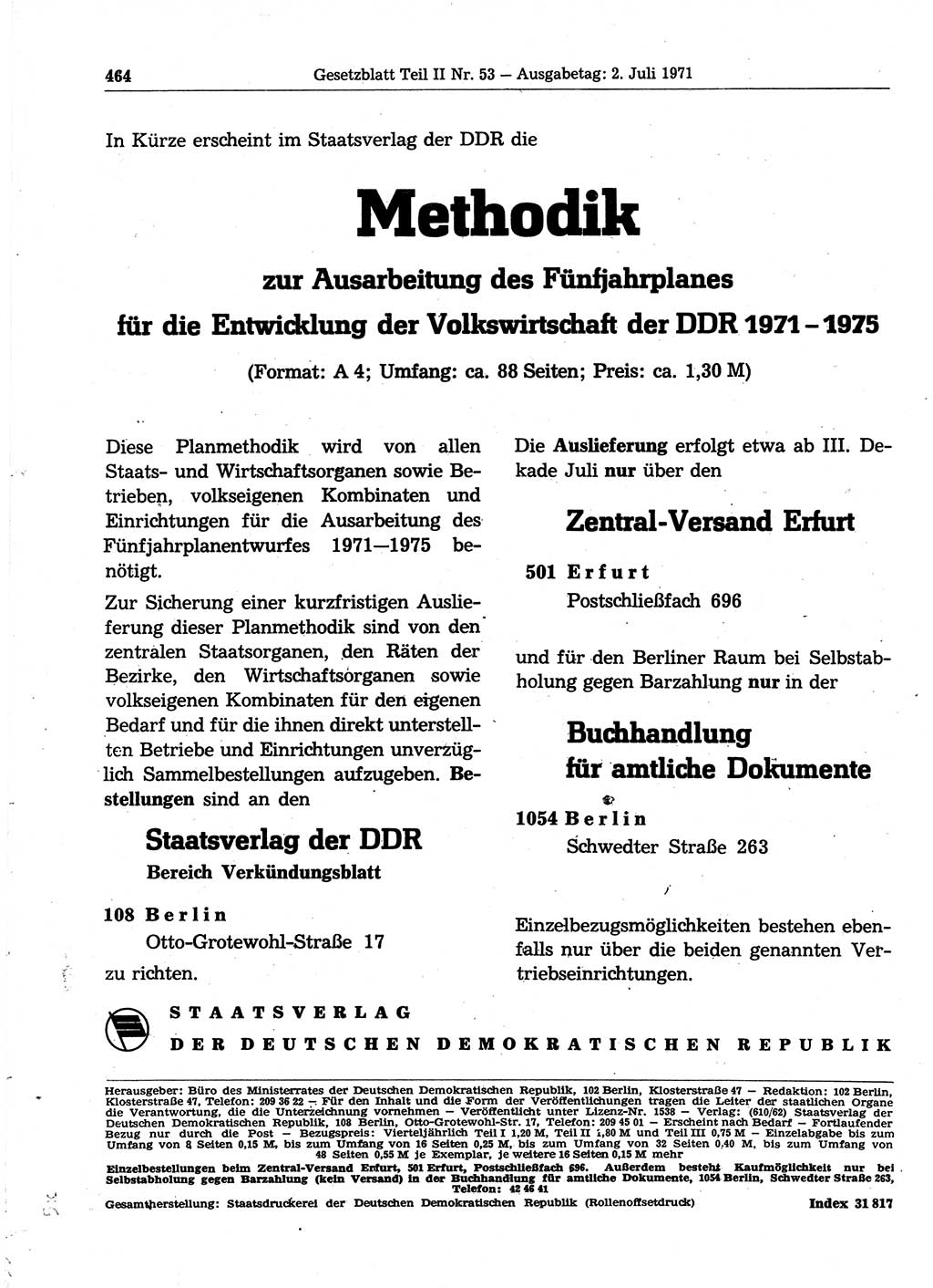 Gesetzblatt (GBl.) der Deutschen Demokratischen Republik (DDR) Teil ⅠⅠ 1971, Seite 464 (GBl. DDR ⅠⅠ 1971, S. 464)