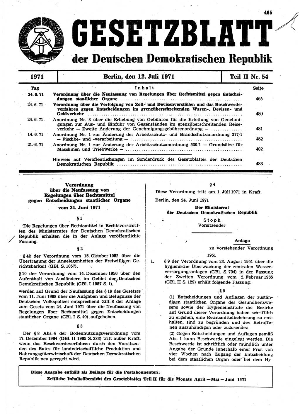 Gesetzblatt (GBl.) der Deutschen Demokratischen Republik (DDR) Teil ⅠⅠ 1971, Seite 465 (GBl. DDR ⅠⅠ 1971, S. 465)