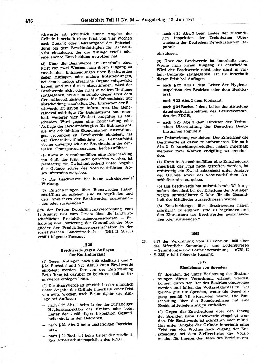 Gesetzblatt (GBl.) der Deutschen Demokratischen Republik (DDR) Teil ⅠⅠ 1971, Seite 476 (GBl. DDR ⅠⅠ 1971, S. 476)