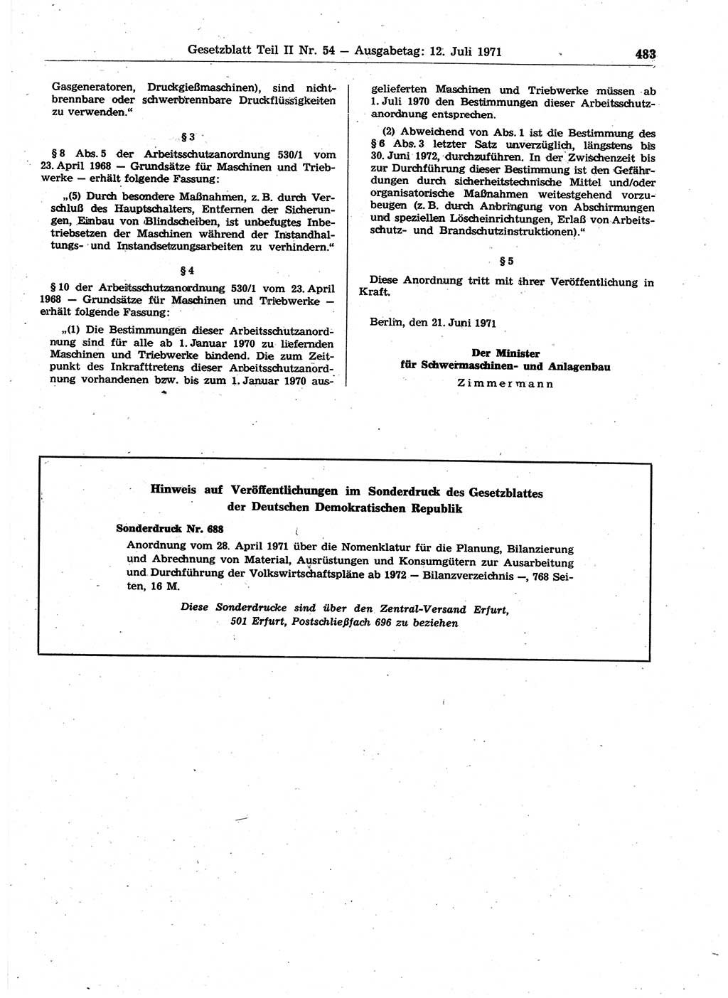 Gesetzblatt (GBl.) der Deutschen Demokratischen Republik (DDR) Teil ⅠⅠ 1971, Seite 483 (GBl. DDR ⅠⅠ 1971, S. 483)