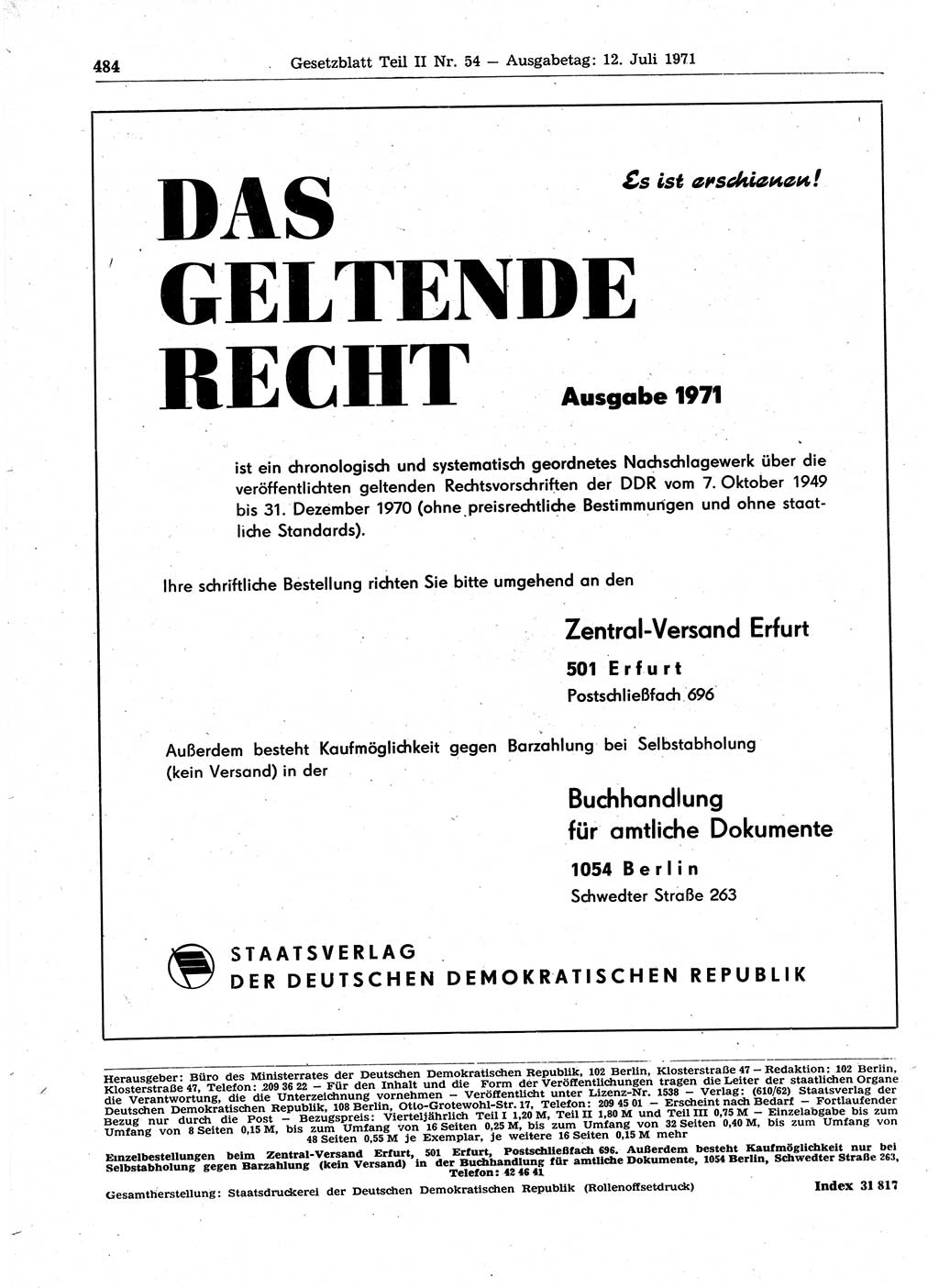 Gesetzblatt (GBl.) der Deutschen Demokratischen Republik (DDR) Teil ⅠⅠ 1971, Seite 484 (GBl. DDR ⅠⅠ 1971, S. 484)