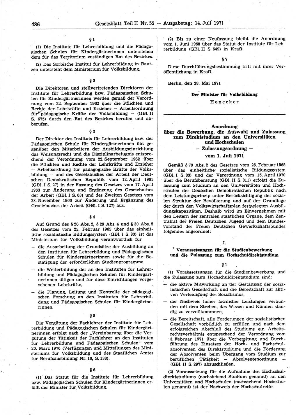 Gesetzblatt (GBl.) der Deutschen Demokratischen Republik (DDR) Teil ⅠⅠ 1971, Seite 486 (GBl. DDR ⅠⅠ 1971, S. 486)