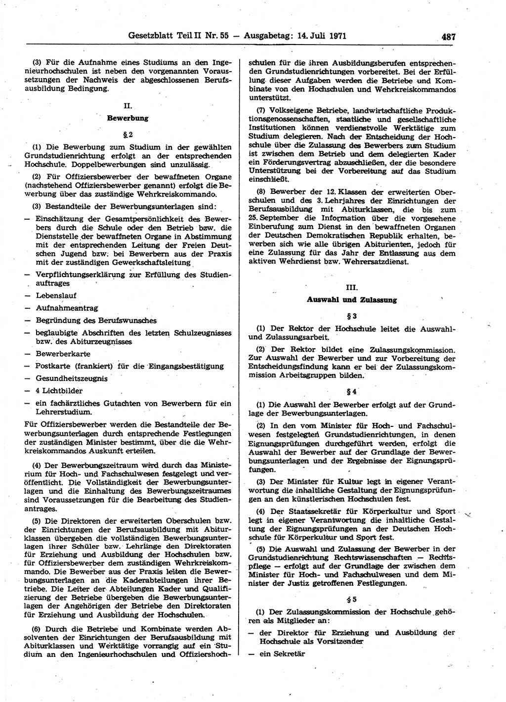 Gesetzblatt (GBl.) der Deutschen Demokratischen Republik (DDR) Teil ⅠⅠ 1971, Seite 487 (GBl. DDR ⅠⅠ 1971, S. 487)