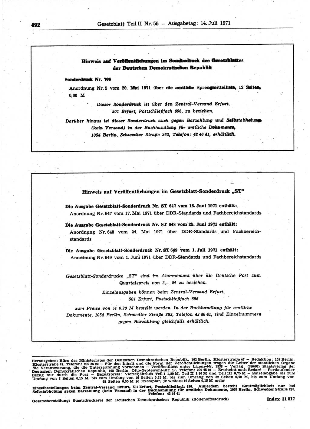 Gesetzblatt (GBl.) der Deutschen Demokratischen Republik (DDR) Teil ⅠⅠ 1971, Seite 492 (GBl. DDR ⅠⅠ 1971, S. 492)