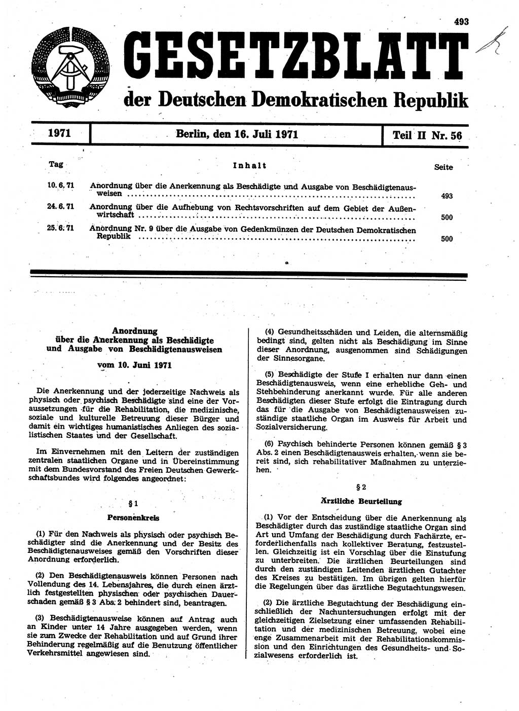 Gesetzblatt (GBl.) der Deutschen Demokratischen Republik (DDR) Teil ⅠⅠ 1971, Seite 493 (GBl. DDR ⅠⅠ 1971, S. 493)