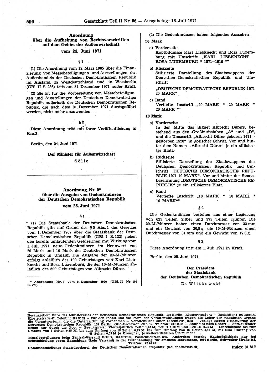 Gesetzblatt (GBl.) der Deutschen Demokratischen Republik (DDR) Teil ⅠⅠ 1971, Seite 500 (GBl. DDR ⅠⅠ 1971, S. 500)