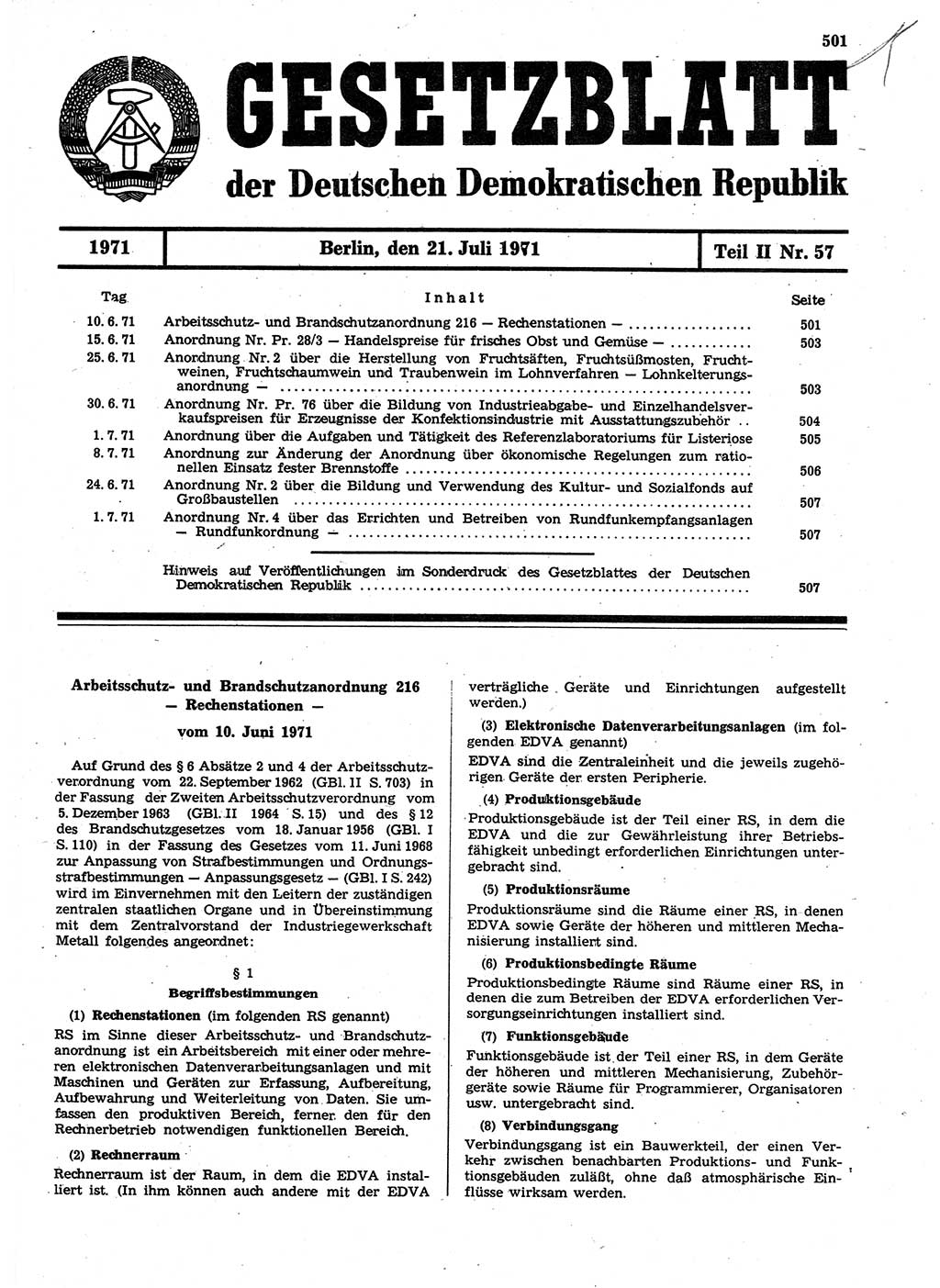Gesetzblatt (GBl.) der Deutschen Demokratischen Republik (DDR) Teil ⅠⅠ 1971, Seite 501 (GBl. DDR ⅠⅠ 1971, S. 501)