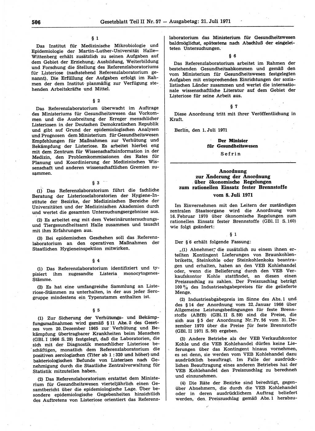 Gesetzblatt (GBl.) der Deutschen Demokratischen Republik (DDR) Teil ⅠⅠ 1971, Seite 506 (GBl. DDR ⅠⅠ 1971, S. 506)