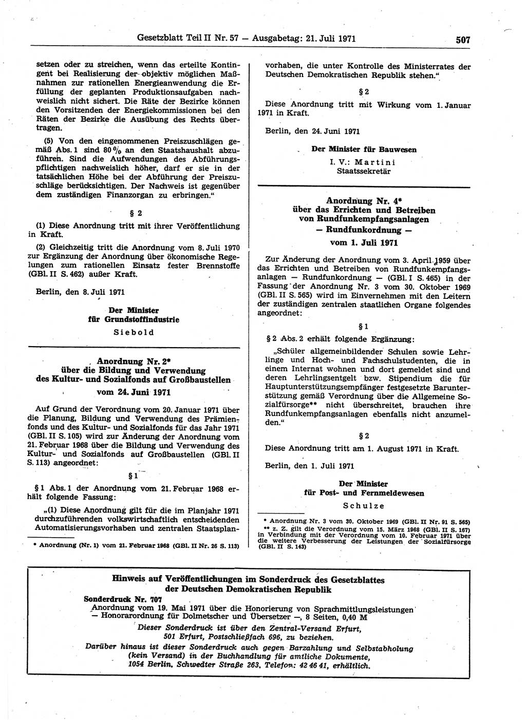 Gesetzblatt (GBl.) der Deutschen Demokratischen Republik (DDR) Teil ⅠⅠ 1971, Seite 507 (GBl. DDR ⅠⅠ 1971, S. 507)