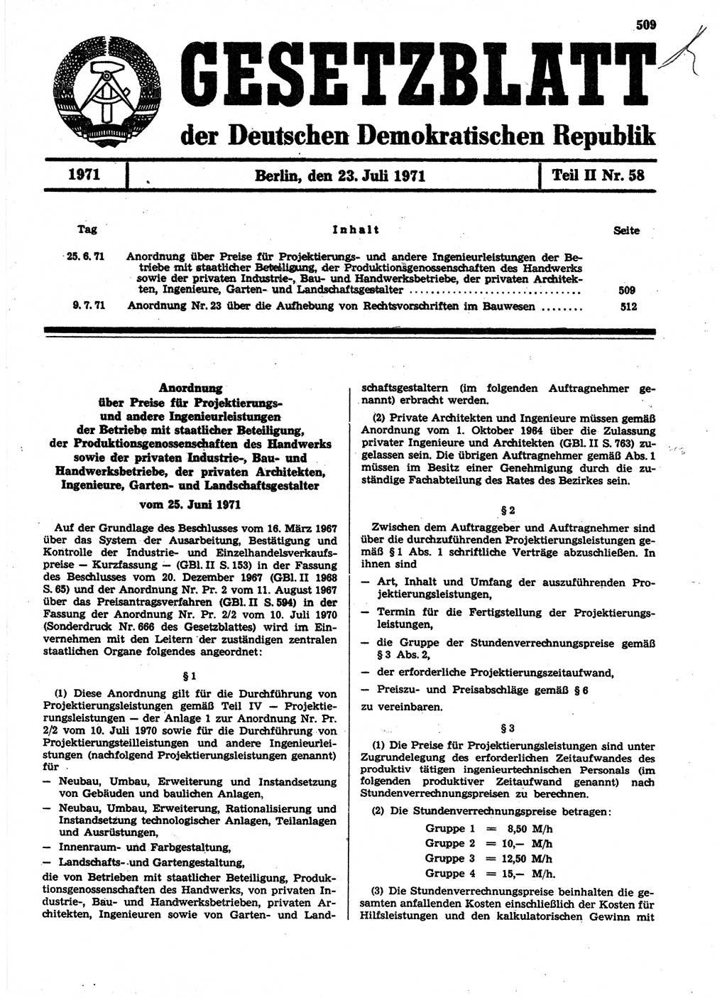 Gesetzblatt (GBl.) der Deutschen Demokratischen Republik (DDR) Teil ⅠⅠ 1971, Seite 509 (GBl. DDR ⅠⅠ 1971, S. 509)