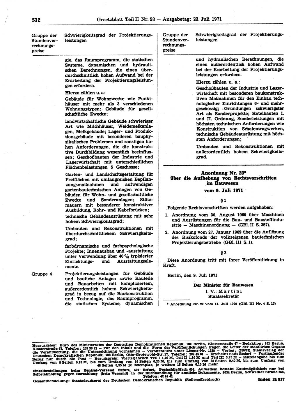 Gesetzblatt (GBl.) der Deutschen Demokratischen Republik (DDR) Teil ⅠⅠ 1971, Seite 512 (GBl. DDR ⅠⅠ 1971, S. 512)