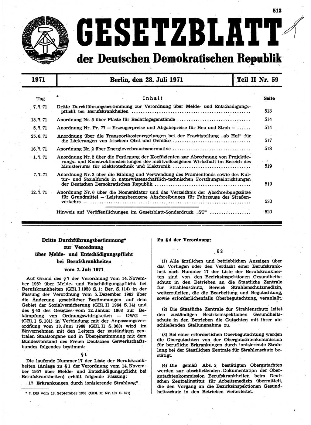 Gesetzblatt (GBl.) der Deutschen Demokratischen Republik (DDR) Teil ⅠⅠ 1971, Seite 513 (GBl. DDR ⅠⅠ 1971, S. 513)