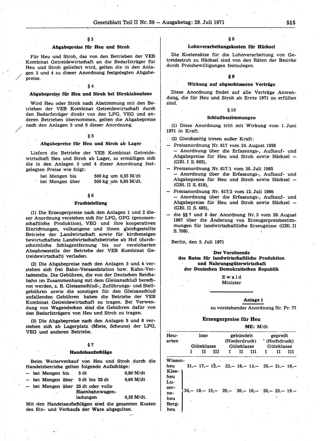 Gesetzblatt (GBl.) der Deutschen Demokratischen Republik (DDR) Teil ⅠⅠ 1971, Seite 515 (GBl. DDR ⅠⅠ 1971, S. 515)