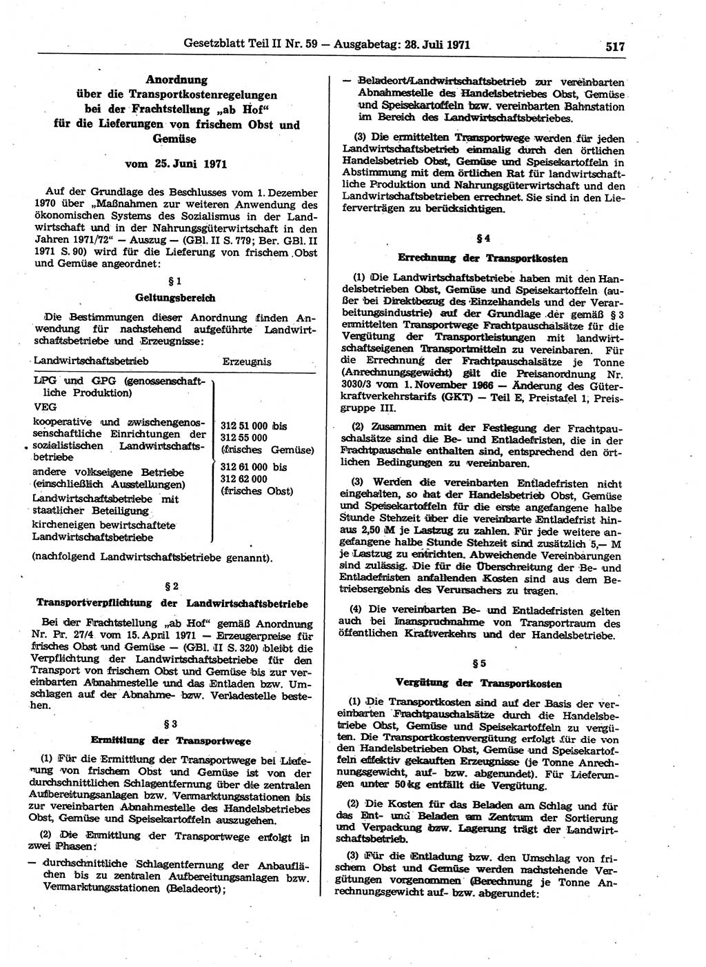 Gesetzblatt (GBl.) der Deutschen Demokratischen Republik (DDR) Teil ⅠⅠ 1971, Seite 517 (GBl. DDR ⅠⅠ 1971, S. 517)