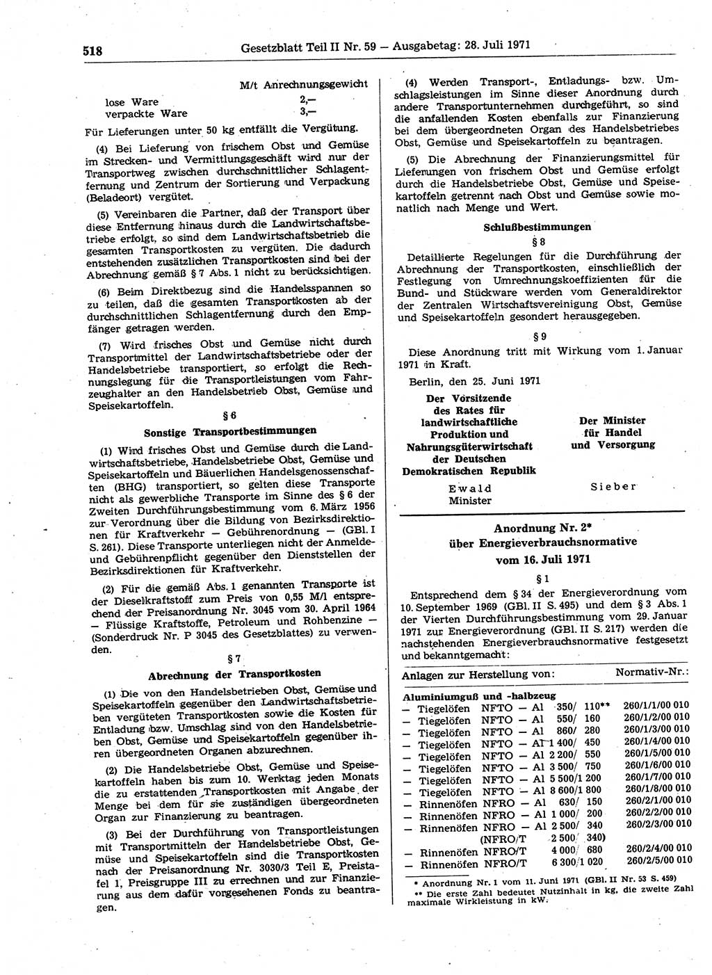 Gesetzblatt (GBl.) der Deutschen Demokratischen Republik (DDR) Teil ⅠⅠ 1971, Seite 518 (GBl. DDR ⅠⅠ 1971, S. 518)