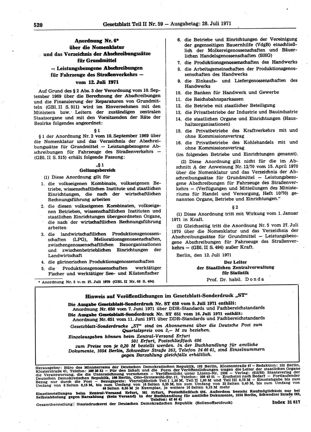 Gesetzblatt (GBl.) der Deutschen Demokratischen Republik (DDR) Teil ⅠⅠ 1971, Seite 520 (GBl. DDR ⅠⅠ 1971, S. 520)