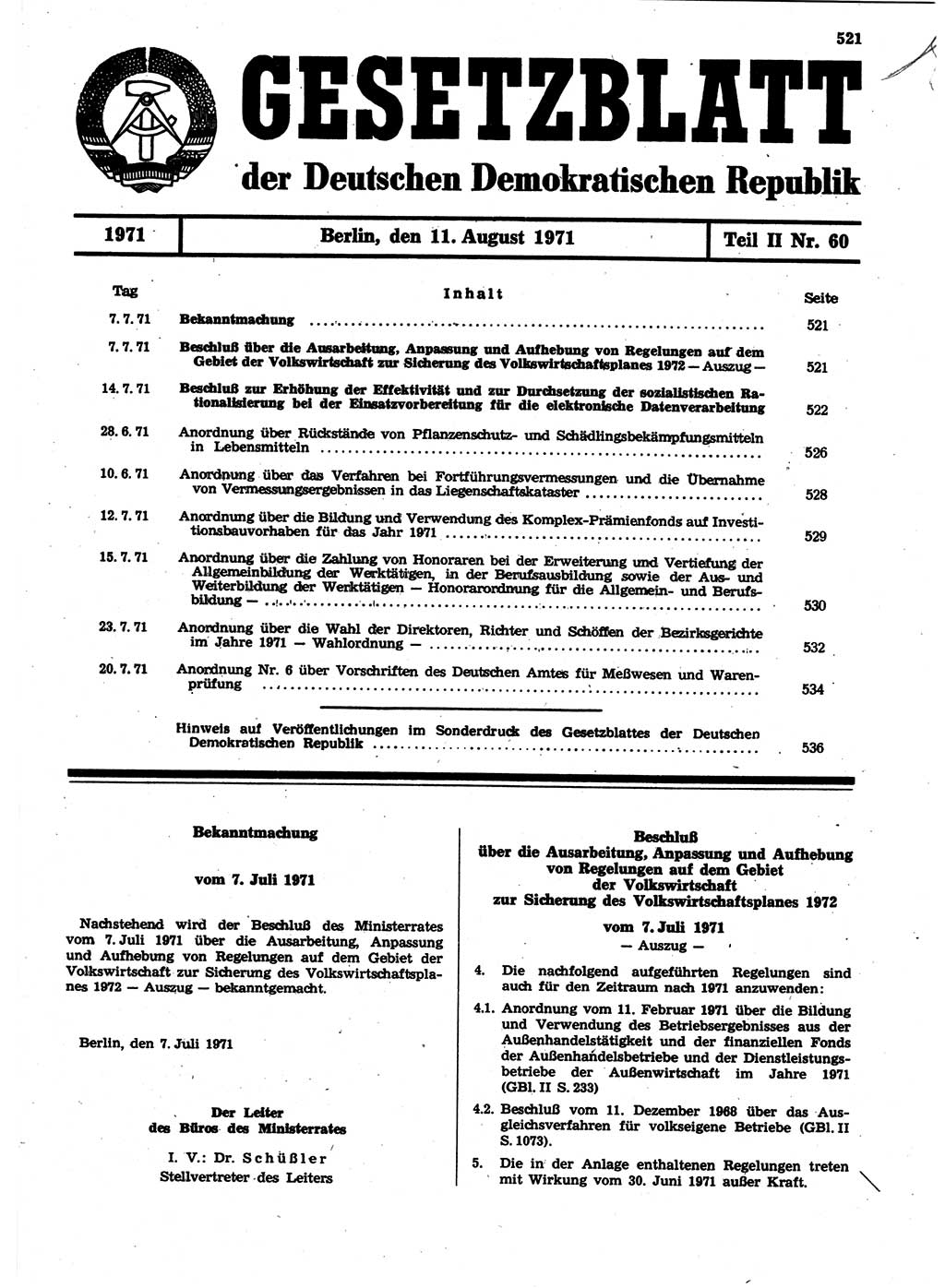 Gesetzblatt (GBl.) der Deutschen Demokratischen Republik (DDR) Teil ⅠⅠ 1971, Seite 521 (GBl. DDR ⅠⅠ 1971, S. 521)