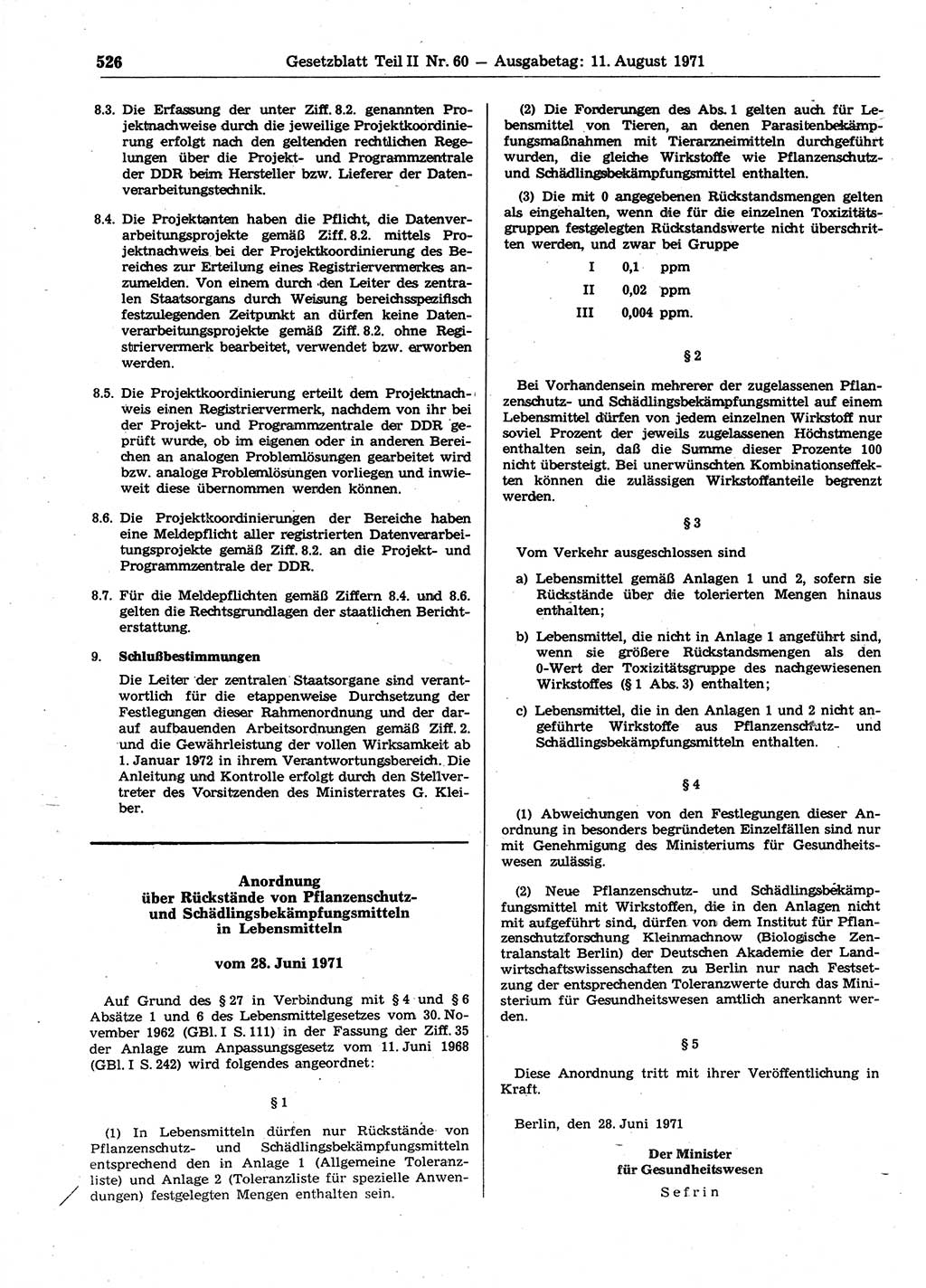Gesetzblatt (GBl.) der Deutschen Demokratischen Republik (DDR) Teil ⅠⅠ 1971, Seite 526 (GBl. DDR ⅠⅠ 1971, S. 526)