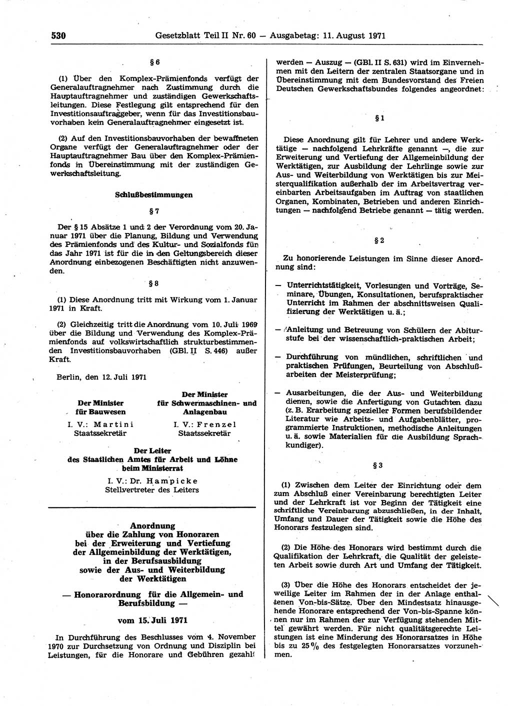 Gesetzblatt (GBl.) der Deutschen Demokratischen Republik (DDR) Teil ⅠⅠ 1971, Seite 530 (GBl. DDR ⅠⅠ 1971, S. 530)