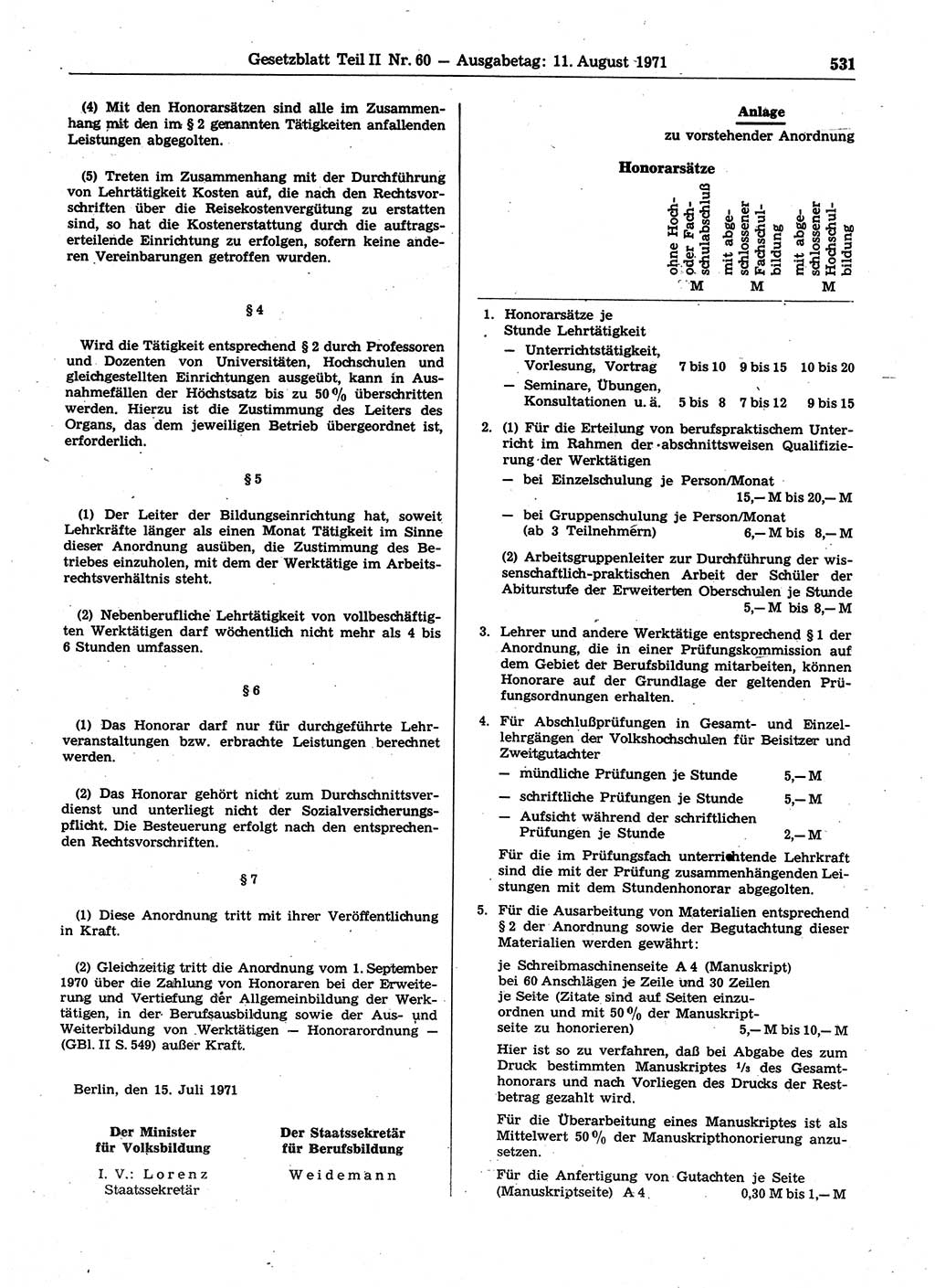 Gesetzblatt (GBl.) der Deutschen Demokratischen Republik (DDR) Teil ⅠⅠ 1971, Seite 531 (GBl. DDR ⅠⅠ 1971, S. 531)