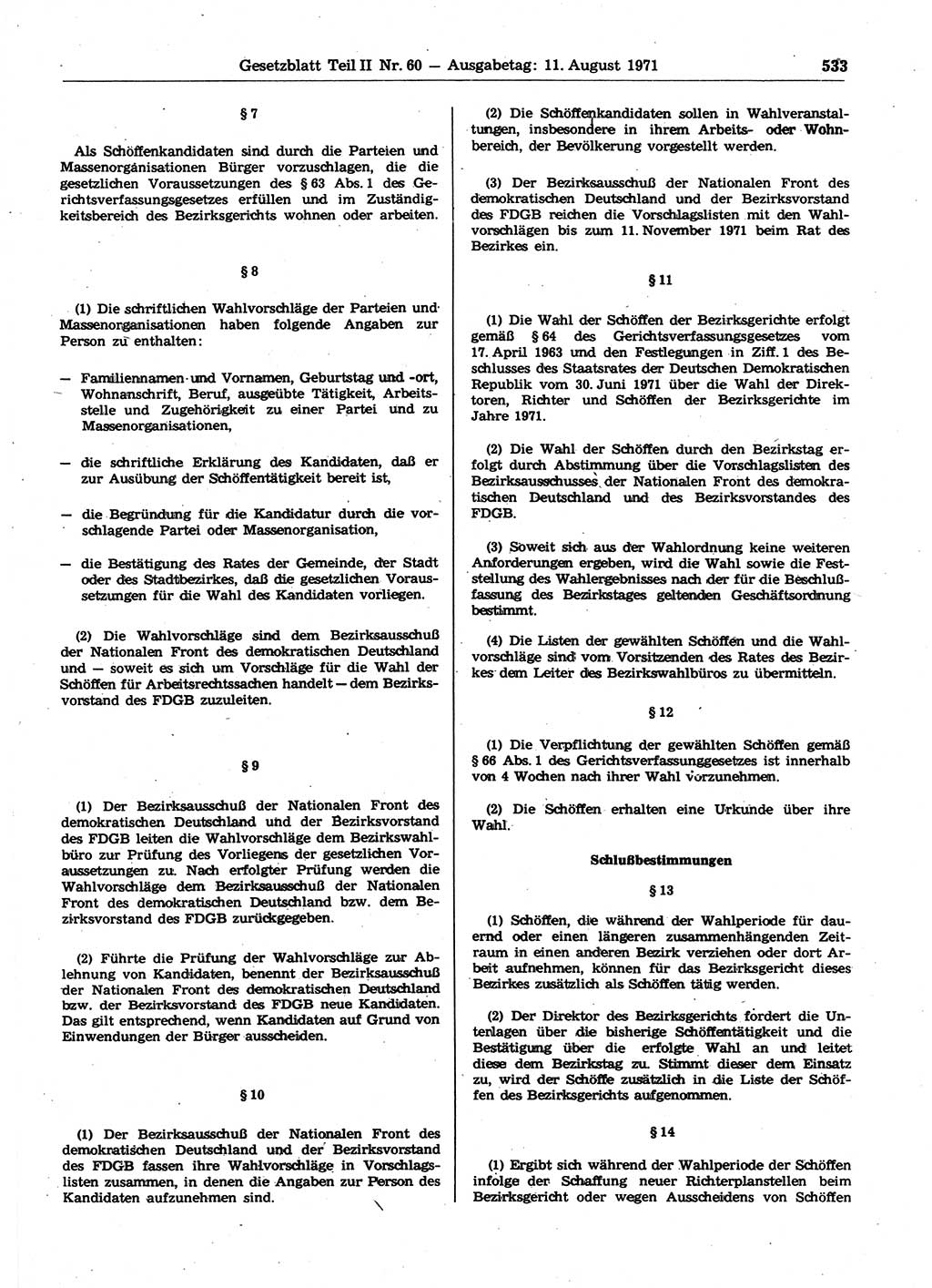 Gesetzblatt (GBl.) der Deutschen Demokratischen Republik (DDR) Teil ⅠⅠ 1971, Seite 533 (GBl. DDR ⅠⅠ 1971, S. 533)